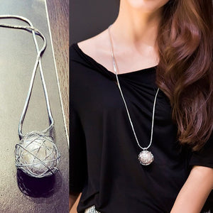 Silver Irregular hollow ball Artificial pearl long paragraph Sweater Chain Necklace