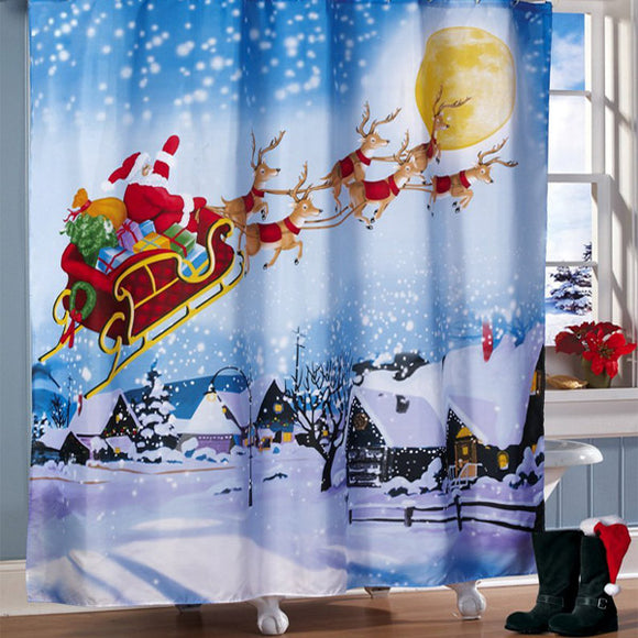 180x180cm Santa Flight Waterproof Shower Curtain Bathroom Christmas Decor with 12 Hooks