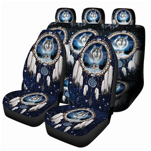 1/7PCS Universal Car Seat Covers Wolf Sky Design Front & Rear Seat Full Covers