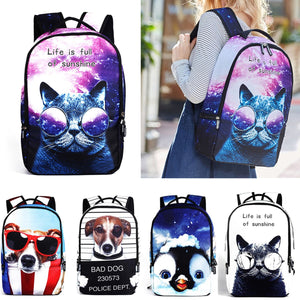 IPRee Polyester Cartoon Laptop Backpack Cute Animal Dog Cat Print Schoolbag Rucksack