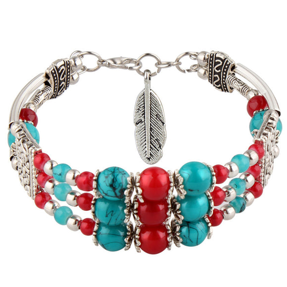 Bohemian Tibetan Silver Leaf Pendant Ethnic Multicolor Beads Women Bracelet Bangle