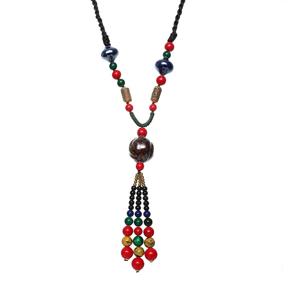 Ethnic Tassel Necklace Wooden Beads Ceramic Long Women Necklace