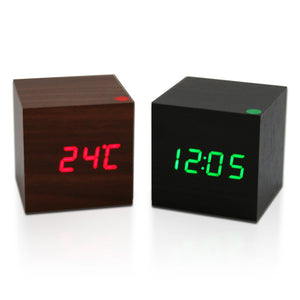 Loskii HC-30 Mini Digital Voice Control Cube Wooden Thermometer Date Display Alarm Clock