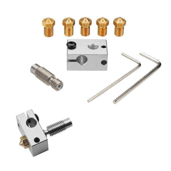 V6 PT100 Heating Block+0.2/0.3/0.4/0.5.0.8mm Brass Nozzle+Nozzle Throat DIY Kit for 1.75mm Filament