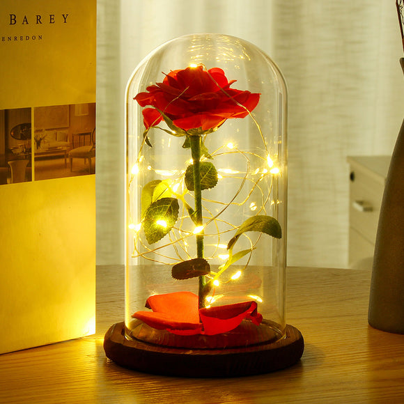 Preserved Immortal Red Rose with Light in Glass Forever Flower Valentines Gift Decorations