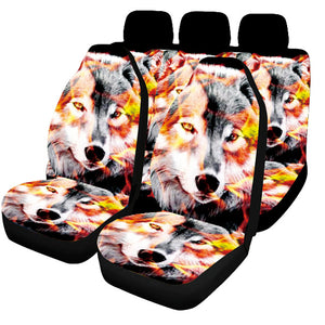 Universal Full Set Flame Wolf Printed Car Seat Covers Floor Mats Armrest Pad