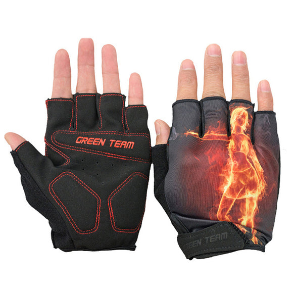 GREEN TEAM MTB Mountain Motocross Cycling Glove Bike Bicycle Sports Antiskid Fire Print Half Finger