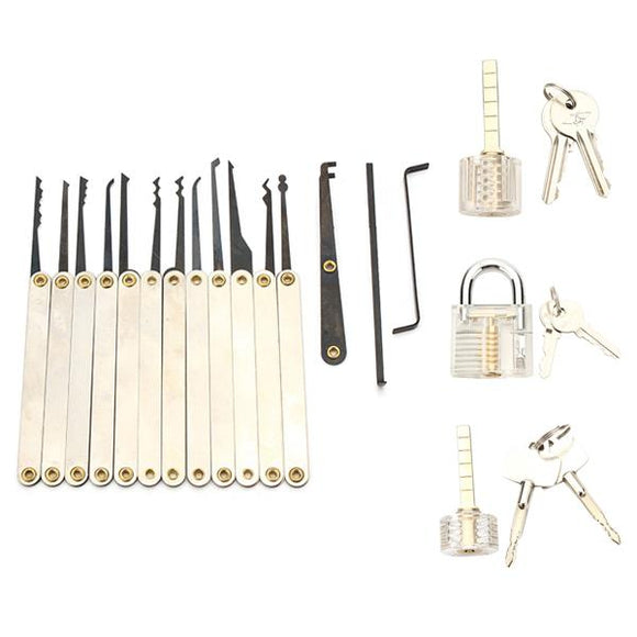 12pcs Unlocking Lock Pick Set with 3pcs Transparent Locks Locksmith Practice Supplies Set