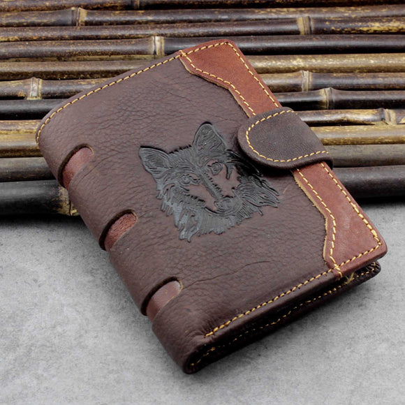 Men Genuine Leather Vintage Wolf Printed Wallet Card Holder