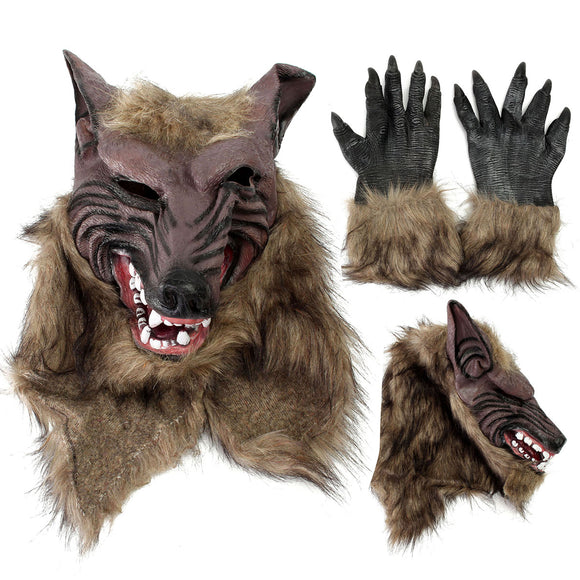 Latex Rubber Wolf Head Hair Mask Werewolf Gloves Party Scary Halloween Cosplay