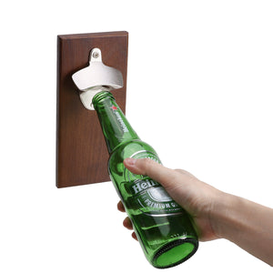 Wall Mounted Bottle Opener Rustic Wood Alloy Cap Catcher Kitchen Bar Decorations