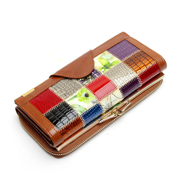 Women Genuine Leather  Long Patchwork Wallet Elgant Random Pattern Purse Card Holder