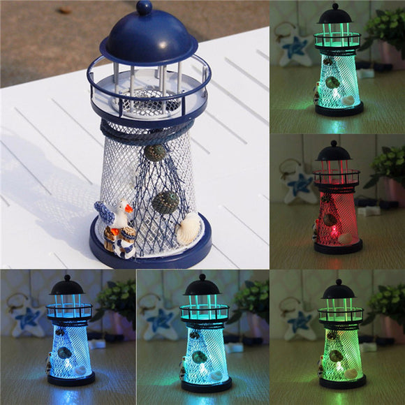 Mediterranean Iron Lighthouse Craft Ornaments Ocean Home Decor LED Candle Light Candle Holder