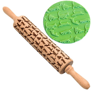 43CM Cute Cat Patterned Wooden Embossed Rolling Pin Engraved Roller Biscuit Cookies Baking Tools