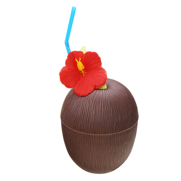 Plastic Tropical Coconut Cup Bottle w/ Straw Summer Hawaii Luau Party Beach Pool Party