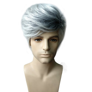 Fluffy Medium Grandma Gray Men Hair Wig Heat Resistant Synthetic Fiber