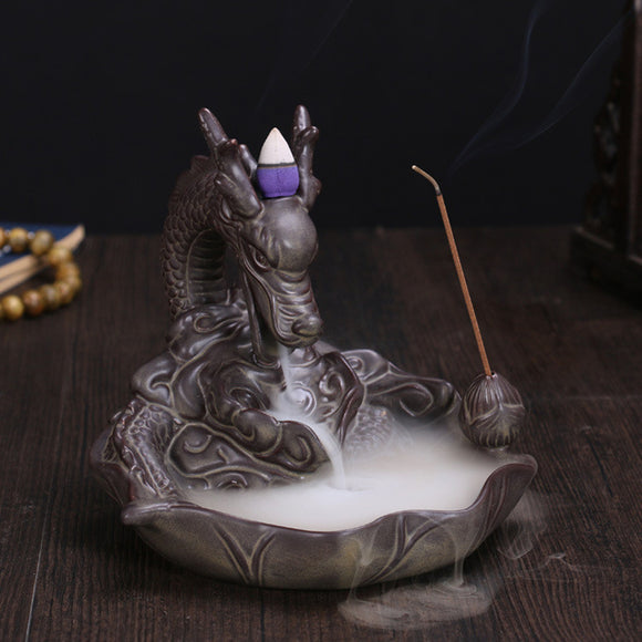 Ceramic Backflow Incense Cone Burner Stick Holder Dragon Lotus Pond Fragrance Fragrant Censer Decor