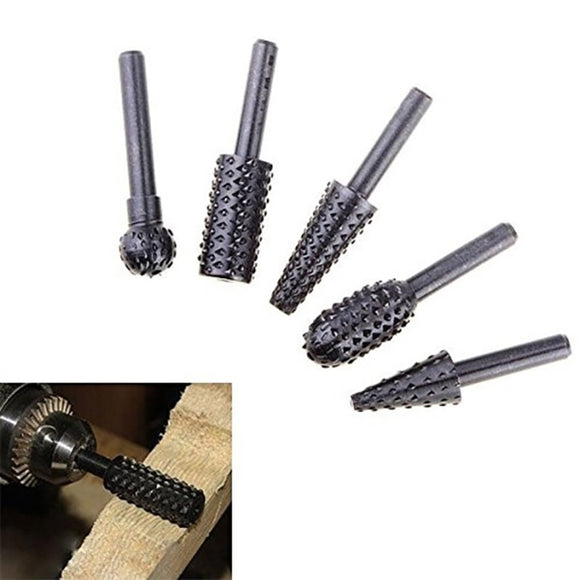 5pcs 6mm Shank Carbon Steel Rotary File Burr Set Wood Carving Rasp Drill Bits Tool