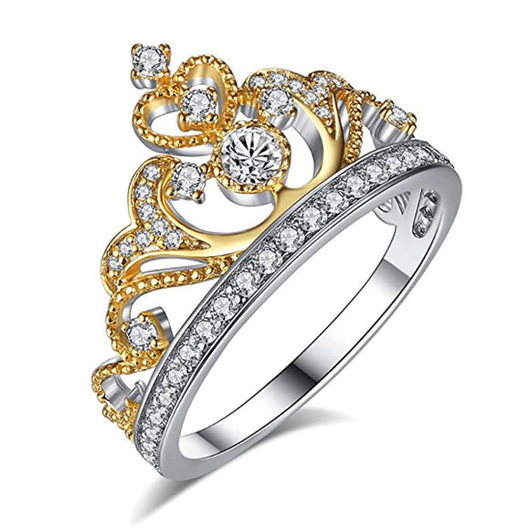 Elegant Women's Gold Plated Heart Zircon Crown Ring Sweet Engagement Jewelry