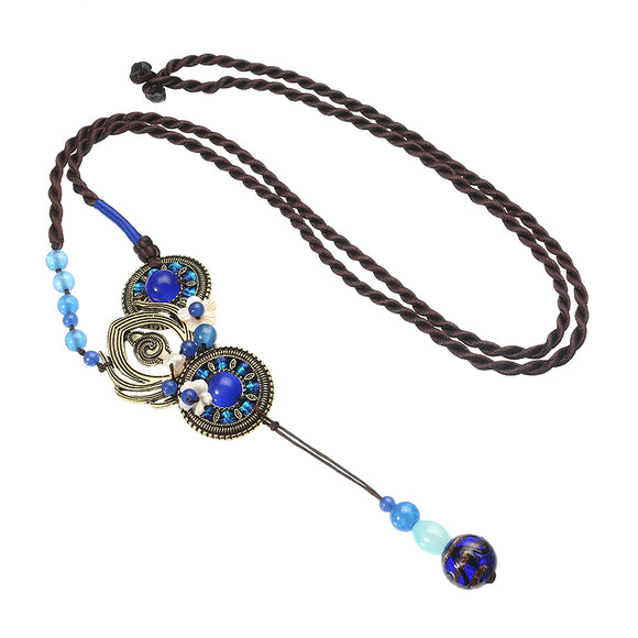 Retro Ethnic Necklace Vintage Blue Jade Beads Necklace for Women