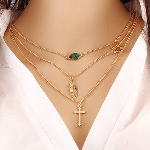 Cross and Leaf Pendant Clavicle Chain Bohemian Multilayer Necklace Wholesale for Women