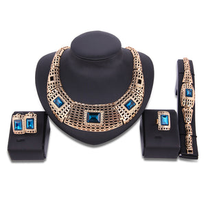 Blue Crystal Rectangular Hollow Necklace Earrings Ring Bracelet Jewelry Set