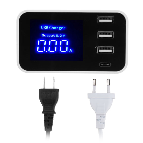 3 USB 2.0 Type C Smart IC LCD Display Charging Station Adapter Desktop Wall Charger for Smartphone