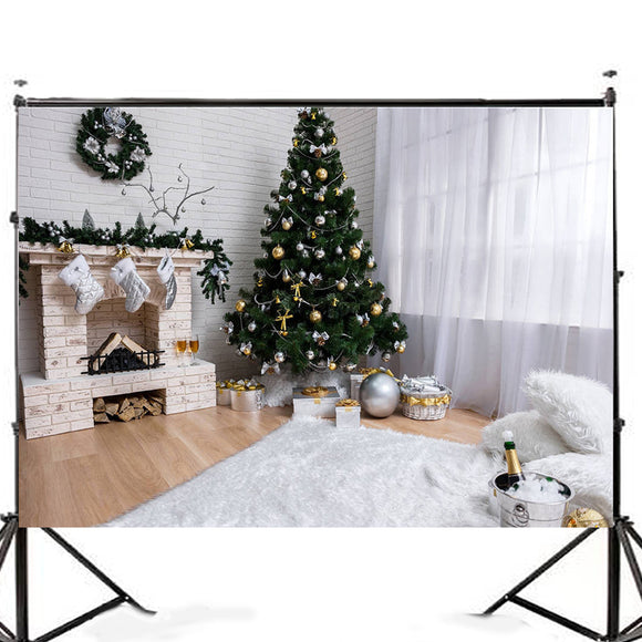 7x5FT White Room Christmas Tree Fireplace Theme Photography Backdrop Studio Prop Background