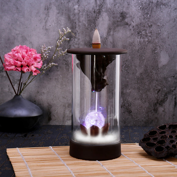 7 Color LED Changing Incense Burner Backflow Waterfall Smoke Censer Holder with Cones