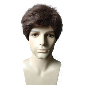 Fluffy Medium Brown Men Hair Wig Heat Resistant Synthetic Fiber