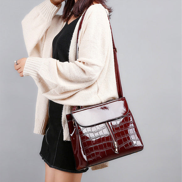 Women Fashion Portable Patent Leather Handbag Crocodile Pattern Shoulder Messenger Bag Crossbody Bag