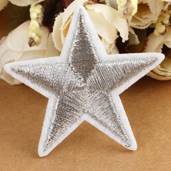 4.1x4cm Cloth Shoes Hats Bags Embroidered Star Patch Cloth Paste Silver Five Star Applique