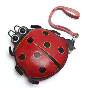 Women Genuine Leather Ladybug Pattem Mini Coins Bag Card Holder Coin Purse