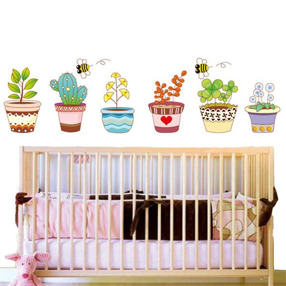 6 Colorful Potted Flowers Plants Bee Wall Stickers Rural Garden Removable Art Decal Decoration