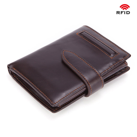 RFID Genuine Leather Business 8 Card Slot Wallet Oil Wax Casual Short Coin Bag For Men