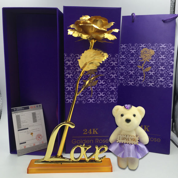 24K Gold Plated Rose Flower Valentine's Day Birthday Gifts with Cute Teddy Bear Decorations