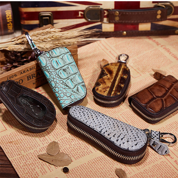 Genuine Leather Embossed Unisex Zipper Keychain Car Key Case Bag Random Color Mini Wallets