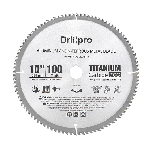 Drillpro 10 Inch 100 Teeth Saw Blade TCT Aluminum Non-Ferrous Metal Saw Blades for Circular Saw Miter Saw Table Saw Radial Arm Saw