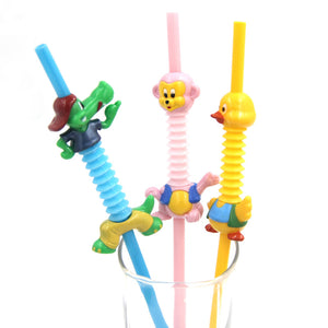 Mini Cute Animal Flexible Plastic Straw Creative Drinking Disposable Kids Party Straws 2pcs Pack