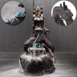 Porcelain Dragon Backflow Incense Burner Ceramic Censer Cone Holder With Glass Ball