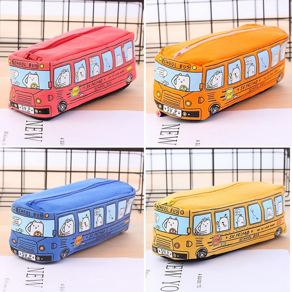 Kids Cartoon Canvas Pen Pencil Case Bag Box Bus Storage Large Zipper School Pen Bag