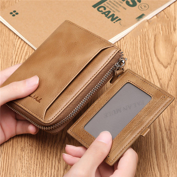 FALANMULE Genuine Leather Zipper Short Wallets Vintage Purse Card Holder Coin Bags For Men