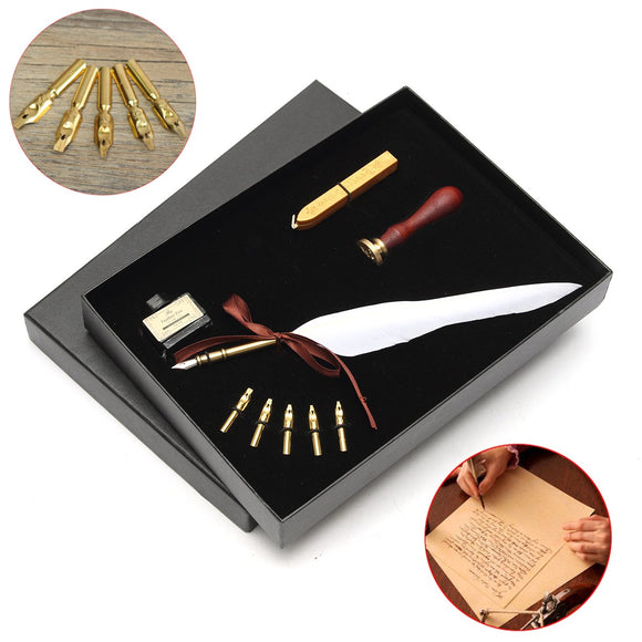 Pure Goose Feather Quill Dip Pen Set Ink Seal Wax Spare Tip Antique Gift Box