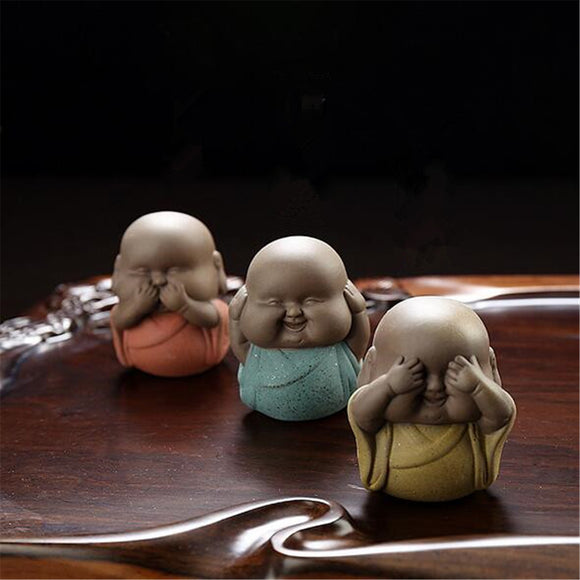 6 Types Speak Hear See NO Evil B uddha Monk Statue Ceramic Tea Pet Shelf Decorations