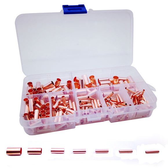 250Pcs Copper Butt Splice Connector Solder Crimp Electrical Cable Wire Terminal with Plastic Box