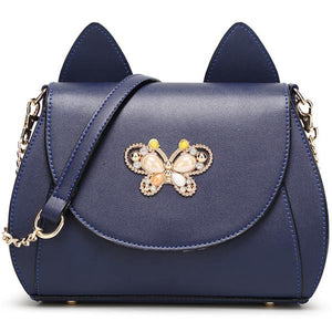 Women Cute Cat Shape Crossbody Bag Butterfly Decorative PU Leather Fashion Shoulder bagWomen Cute Ca