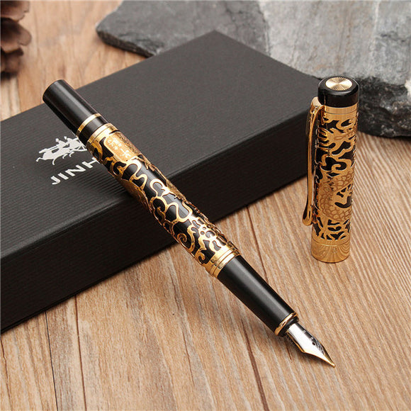 JINHAO 5000 Black And Golden Medium Nib Fountain Pen Dragon Embossed