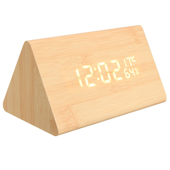 USB Voice Control Wooden Wooden Triangle Temperature LED Digital Alarm Clock Humidity Thermometer