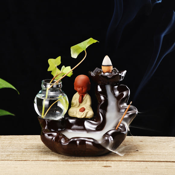 Ceramic Backflow Cone Holder Incense Burner Monk Smoke Buddhist Scents + Glass Pot