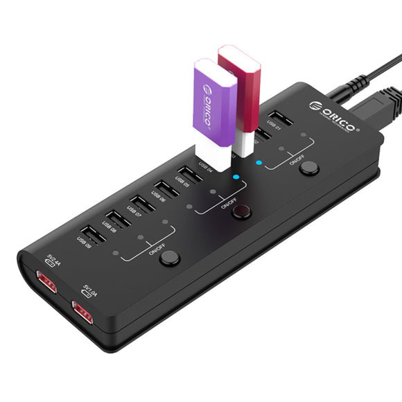 ORICO HF9US-2P-BK 9 Port USB Hubs and 2 Charging Port with Power Switch 12V 2.5A Power Adapter